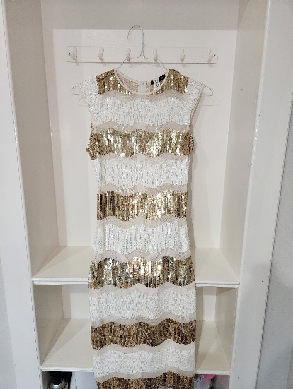 Sleeveless White and Gold Sequin Maxi Dress
